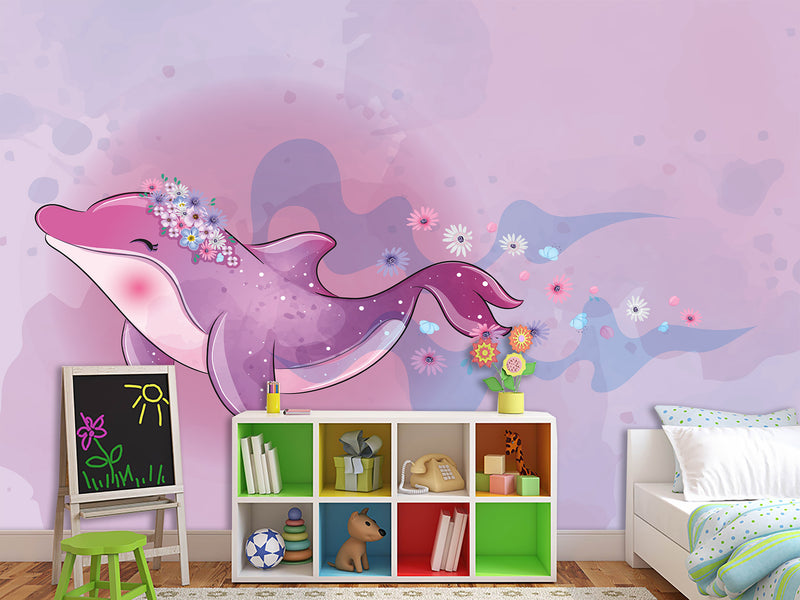 Peel and Stick Vinyl Wallpaper "Purple Dolphin For Kids" Mural Design For Playroom, Idea For A Magical Kids Room