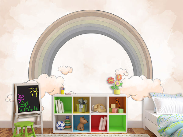 Non-Woven Wallpaper Kids Room Design – Rainbow Among Pink Clouds, Wall Decor For Boys And Girls