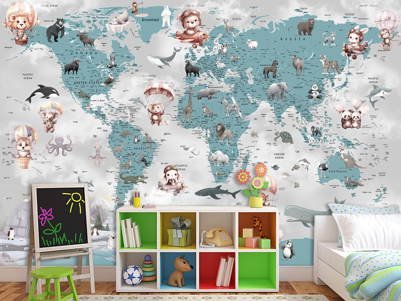 Decor for Kids room, Peel and Stick Vinyl with the pattern "Fun Educational World Map For Kids"