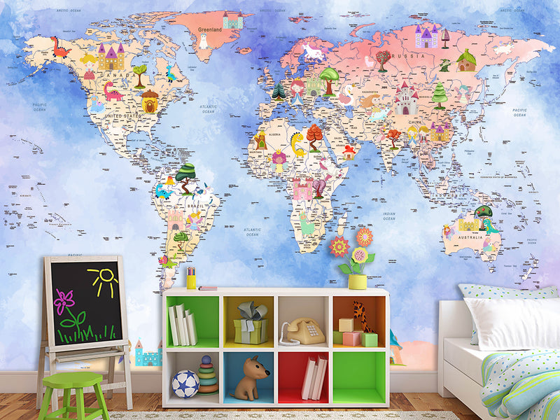 Peel and Stick Vinyl Wallpaper Magical World Map Mural for Kids – Interactive & Educational