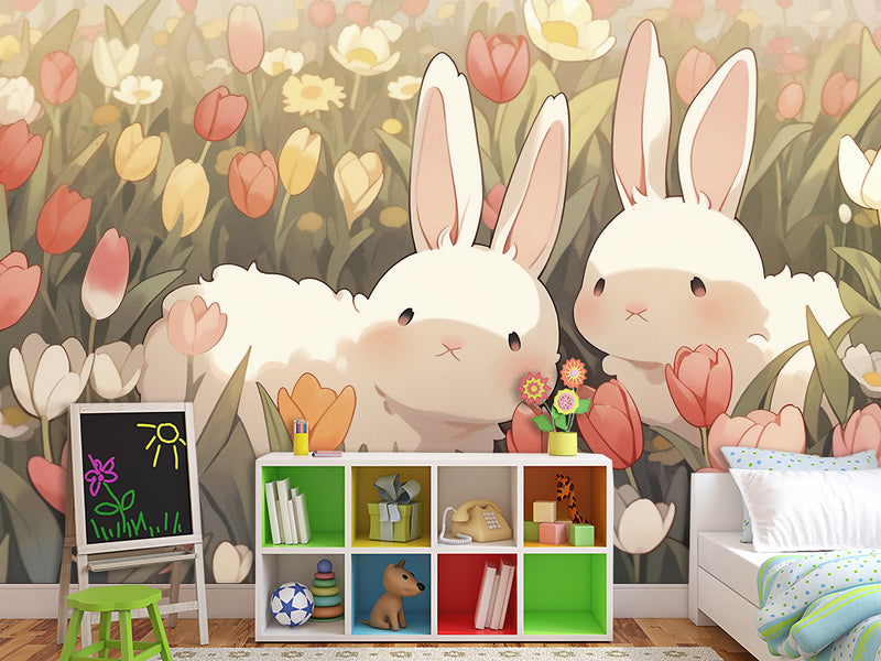 Vinyl Wallpaper Peel and Stick Mural for Kids' Room, Playroom, or Relaxation Area – "Bunnies in a Flower Field"