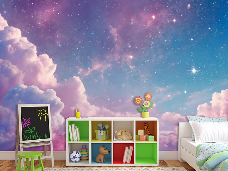 Fairy Tale Self-Adhesive Wallpaper For Kids, Artistic Style Wall Mural Design "Purple Pink Starry Sky" ✨