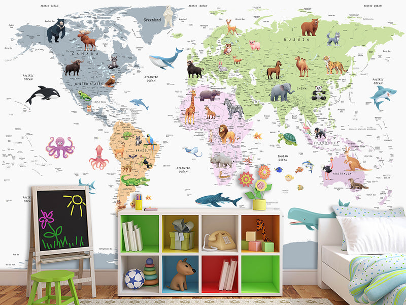 Self-Adhesive Full Wall Kids' World Map Wallpaper – Soft Colors for Kids' Room & Playroom
