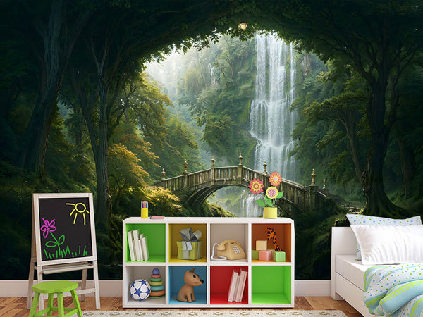 Kids’ wallpaper, creative design Peel and Stick mural for children’s room, art print "Elven Forest with Bridge" 🌿🧚