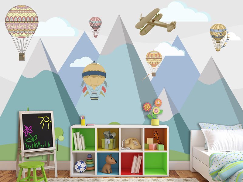 Peel & Stick Mural Full Wall Print For Kids Room Hot Air Balloon Race Over Mountains