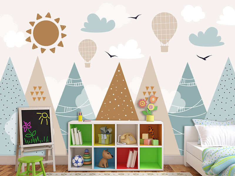 Self-Adhesive Wallpaper In Soft Colors For Kids Room "Balloon Flight Over The Mountains" Design For Playroom