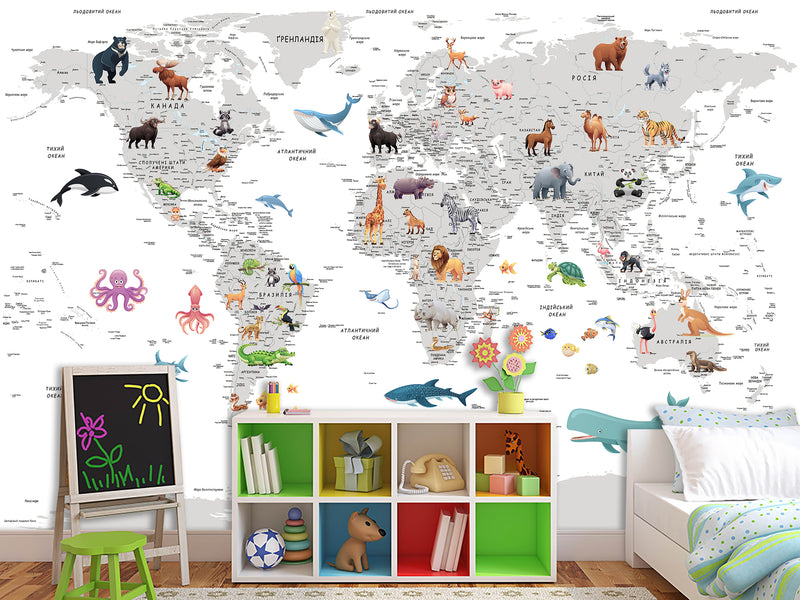 Decor for Kids room, Peel and Stick vinyl interactive World Map Wallpaper – Educational Design for Kids' Room