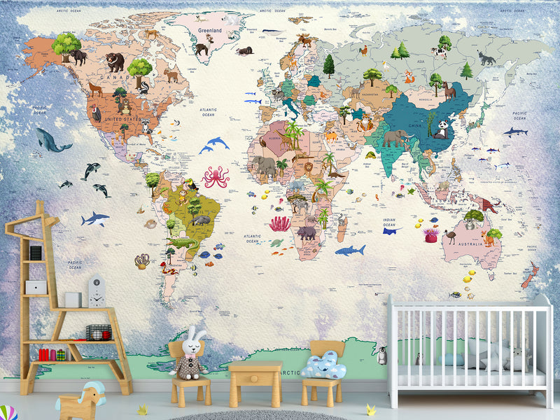 Self-Adhesive Mural For Kids Room Interactive World Map For Children Full Wall
