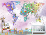 Peel and Stick Vinyl Wallpaper Rainbow-Colored Kids' World Map Mural – Interactive Print for Kids' Room