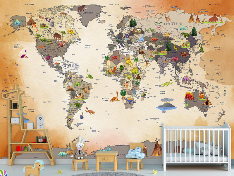 Non-Woven Mural 3D Effect Kids' World Map Wallpaper with Dinosaurs – Wall Mural for Children’s Room