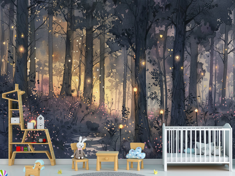 ✨Fairy Tale Print In Artistic Style Peel adn Stick Wall Mural For Kids Room, Creating A Cartoon Atmosphere "Magic Forest In Radiance"🌲