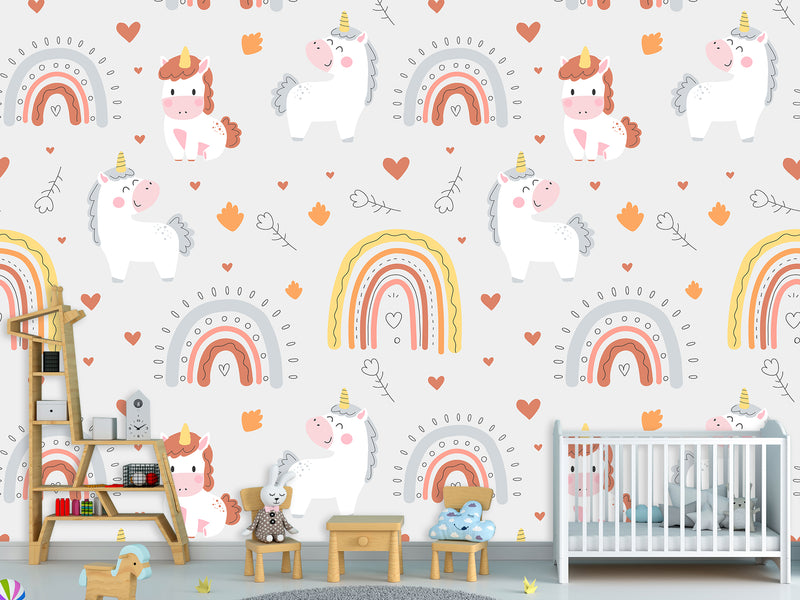Peel and stick mural on the wall for the kid room Rainbow Unicorn Wallpaper for Kids – Cute & Magical Tots Wall Design