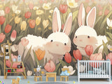 Vinyl Wallpaper Peel and Stick Mural for Kids' Room, Playroom, or Relaxation Area – "Bunnies in a Flower Field"