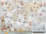 Decor for Kids room, Non-Woven Mural Wall-Sized Wallpaper "Kids' World Map With Hidden Animals"