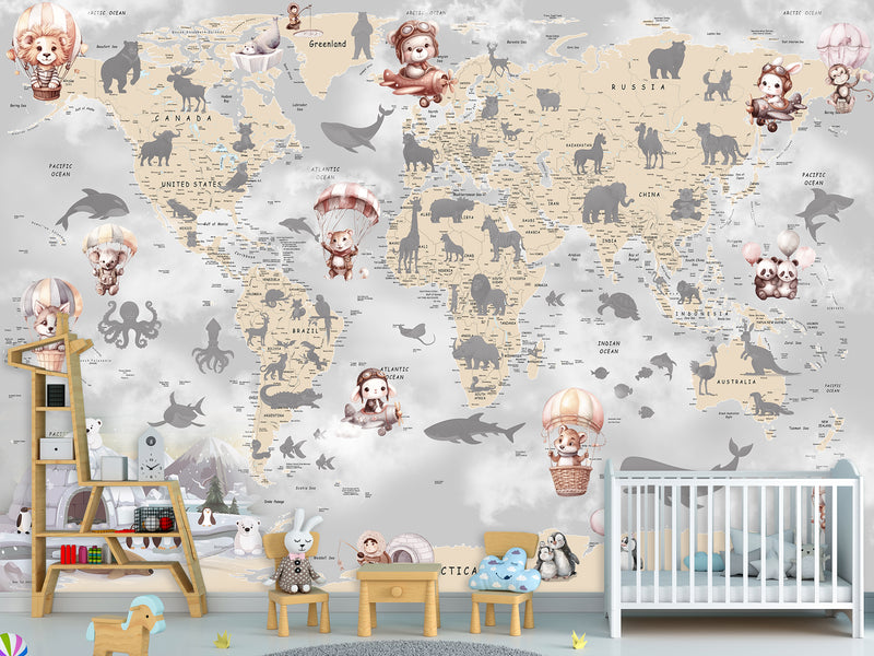 Decor for Kids room, Non-Woven Mural Wall-Sized Wallpaper "Kids' World Map With Hidden Animals"