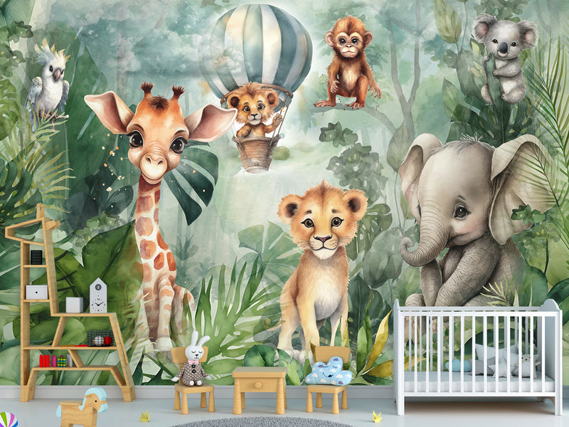 Non-Woven Traditional Wall Wallpaper for Kids' Room "Tropical Safari" – Kids's Room Decor