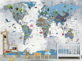 Full Wall Print For Kids Room – Peel and Stick Vinyl Mural Kids World Map With Animals