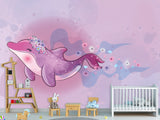 Peel and Stick Vinyl Wallpaper "Purple Dolphin For Kids" Mural Design For Playroom, Idea For A Magical Kids Room