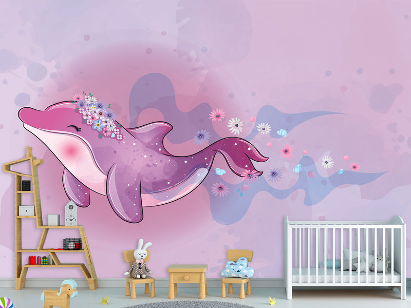 Peel and Stick Vinyl Wallpaper "Purple Dolphin For Kids" Mural Design For Playroom, Idea For A Magical Kids Room