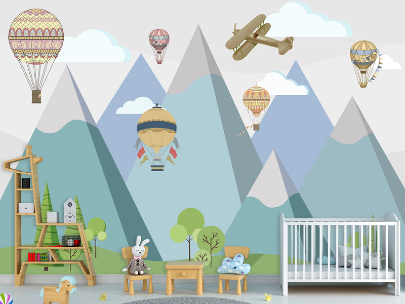 Peel & Stick Mural Full Wall Print For Kids Room Hot Air Balloon Race Over Mountains