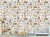 Modern Non-Woven Wallpaper — Educational School Wallpaper for Kids "Backpacks, Globes, and Books Print"
