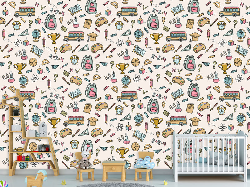 Modern Non-Woven Wallpaper — Educational School Wallpaper for Kids "Backpacks, Globes, and Books Print"