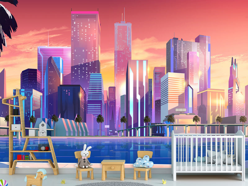 Non-Woven Wall For Kids Room/Bedroom Print Superhero City Wallpaper