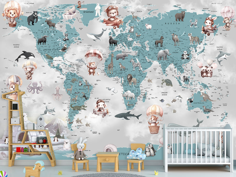 Decor for Kids room, Peel and Stick Vinyl with the pattern "Fun Educational World Map For Kids"
