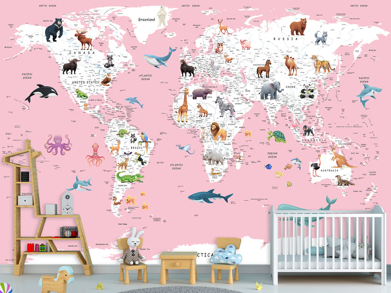 Print for Kids' Room Full Wall Self-Adhesive Wallpaper – Kids' World Map on Pink Background