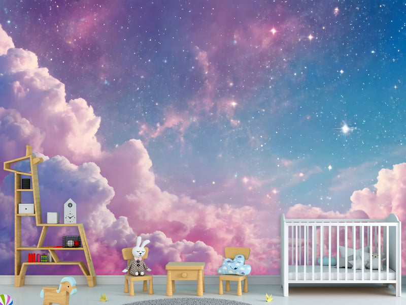 Fairy Tale Self-Adhesive Wallpaper For Kids, Artistic Style Wall Mural Design "Purple Pink Starry Sky" ✨