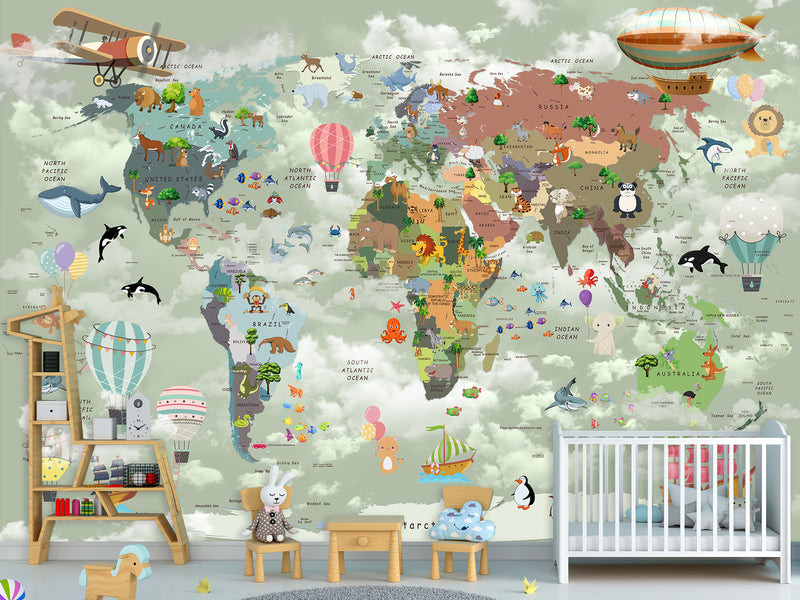 Decor for Kids room, Peel and Stick Oracal film with the pattern “Kids map of the world”