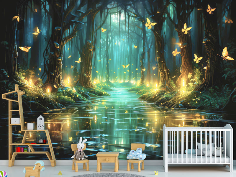 Non-Woven Magical Forest Wall Mural Peel & Stick Kids Room Wallpaper