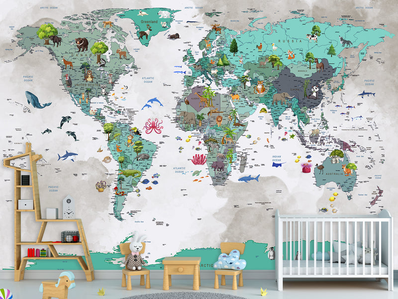 Peel and Stick Vinyl Wallpaper with the pattern “Children's map of the world”, decor for children's room