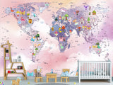 Self-Adhesive Kids Wallpaper World Map In Purple And Pink Mural – Art Decor For Magical Kids' Room