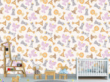 Baby Savannah Animals Self-Adhesive Wallpaper For Kids Room, Print With Lions, Elephants, Giraffes, And Monkeys