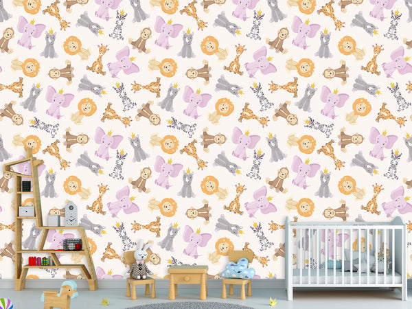 Baby Savannah Animals Self-Adhesive Wallpaper For Kids Room, Print With Lions, Elephants, Giraffes, And Monkeys