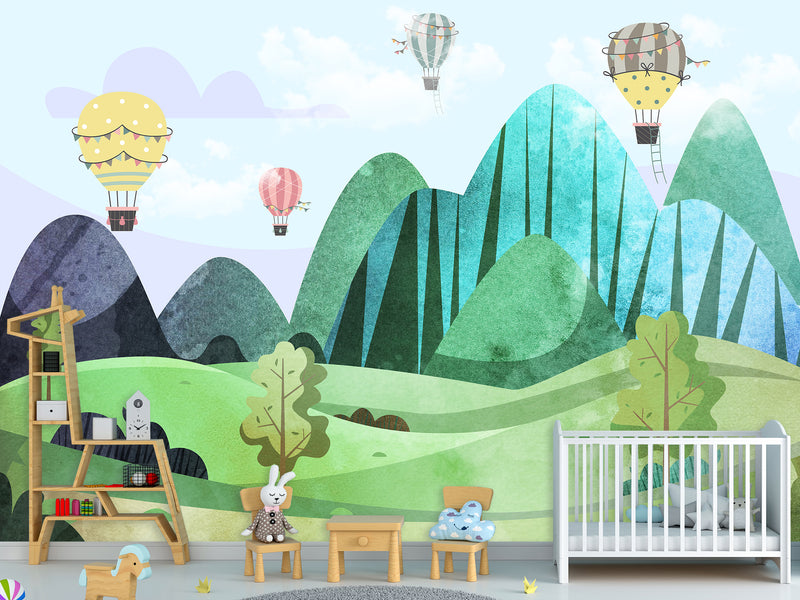 Traditional Full Wall Mural for Nursery or Kids Room Hot Air Balloon Forest Wallpaper