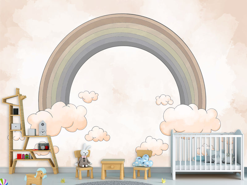 Non-Woven Wallpaper Kids Room Design – Rainbow Among Pink Clouds, Wall Decor For Boys And Girls