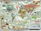 Non-Woven Mural 3D Effect Kids' World Map Wallpaper with Funny Animals – Wall Mural for Children’s Room