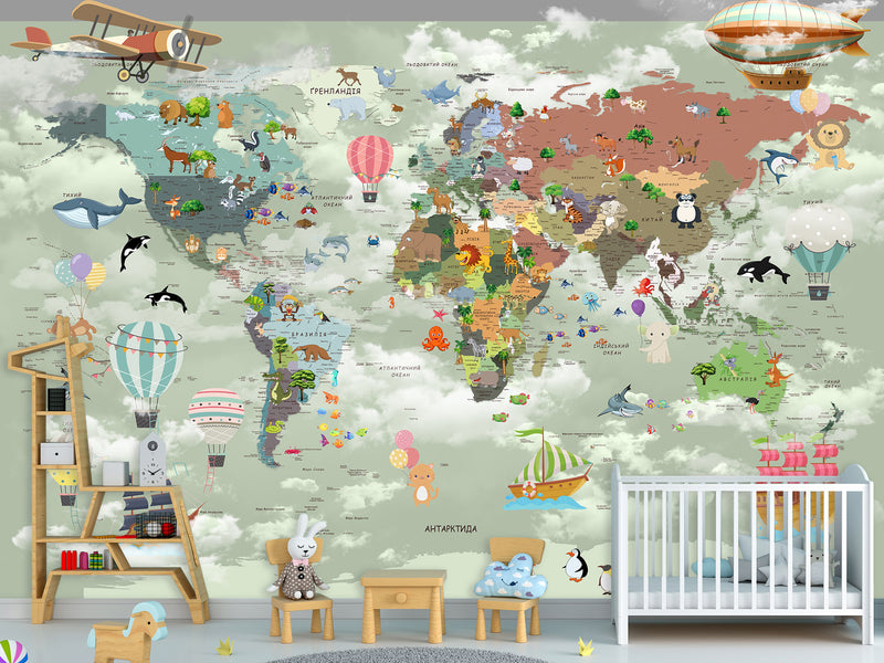 Non-Woven Mural 3D Effect Kids' World Map Wallpaper with Funny Animals – Wall Mural for Children’s Room