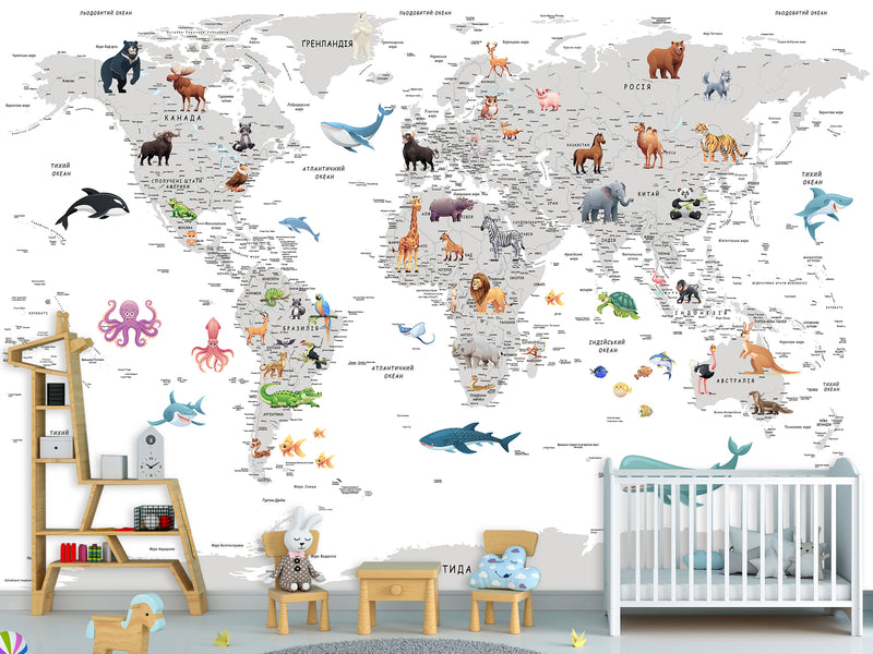Decor for Kids room, Peel and Stick vinyl interactive World Map Wallpaper – Educational Design for Kids' Room