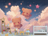 Cartoon Background Peel and Stick Mural For Kids Room Or Nursery "Cute Teddy Bears Among Stars On Clouds"