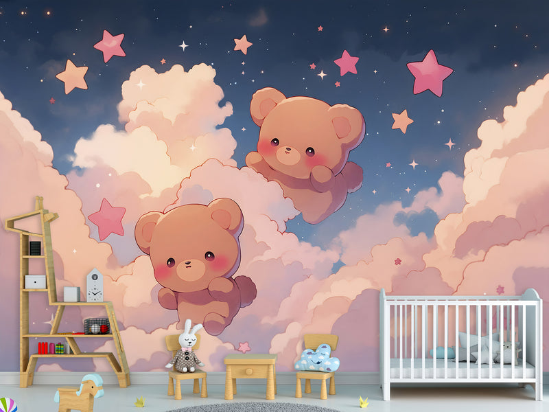 Cartoon Background Peel and Stick Mural For Kids Room Or Nursery "Cute Teddy Bears Among Stars On Clouds"