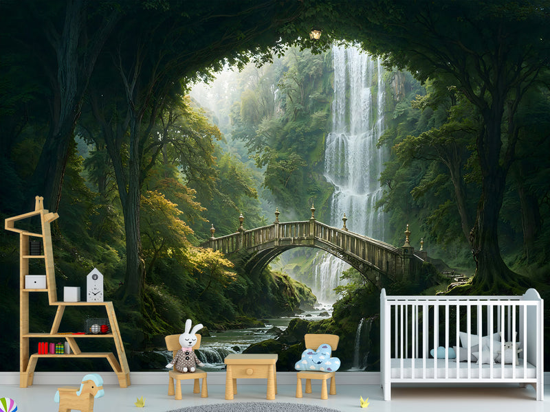 Kids’ wallpaper, creative design Peel and Stick mural for children’s room, art print "Elven Forest with Bridge" 🌿🧚