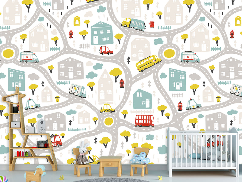 3D Non-Woven Photo Wallpaper "Children's Wall Road" – Fun Wall Mural for Kids’ Room or Study Area