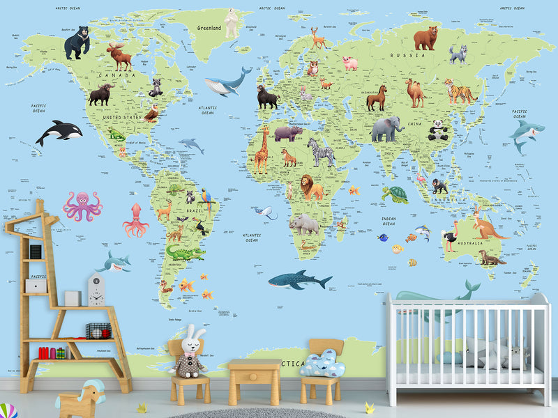 Self-Adhesive Kids' Wall Mural Full Size – Green World Map Design on Sky Blue Background