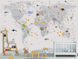 Peel and Stick Vinyl Wallpaper Minimalist Kids' World Map Mural in Grey – Wall Mural for Children’s Room
