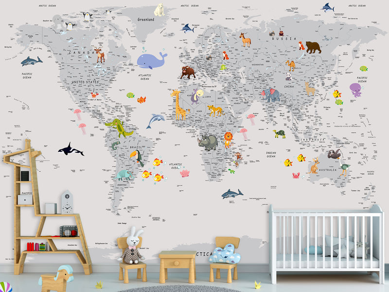 Peel and Stick Vinyl Wallpaper Minimalist Kids' World Map Mural in Grey – Wall Mural for Children’s Room