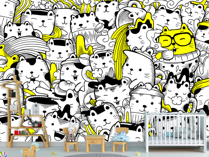 Peel & Stick Wall Mural for Office or Bedroom, Kids Room  – 'Busy Cats' Unique Wall Print