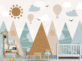Self-Adhesive Wallpaper In Soft Colors For Kids Room "Balloon Flight Over The Mountains" Design For Playroom